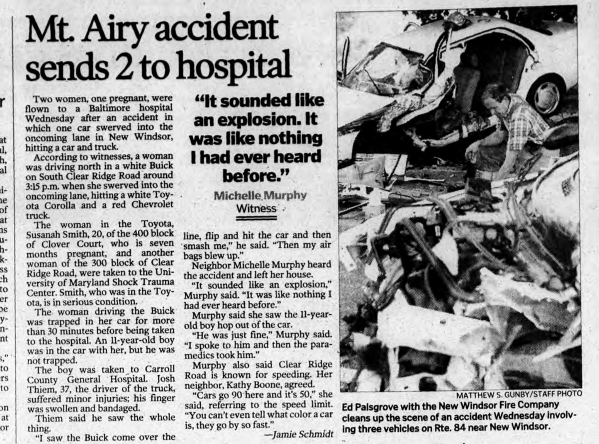 Newspaper clipping of car accident Adrian was in with his mom